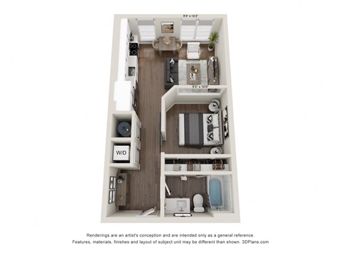 Floor plan for 1 bed, 1 bath, 552 sqft